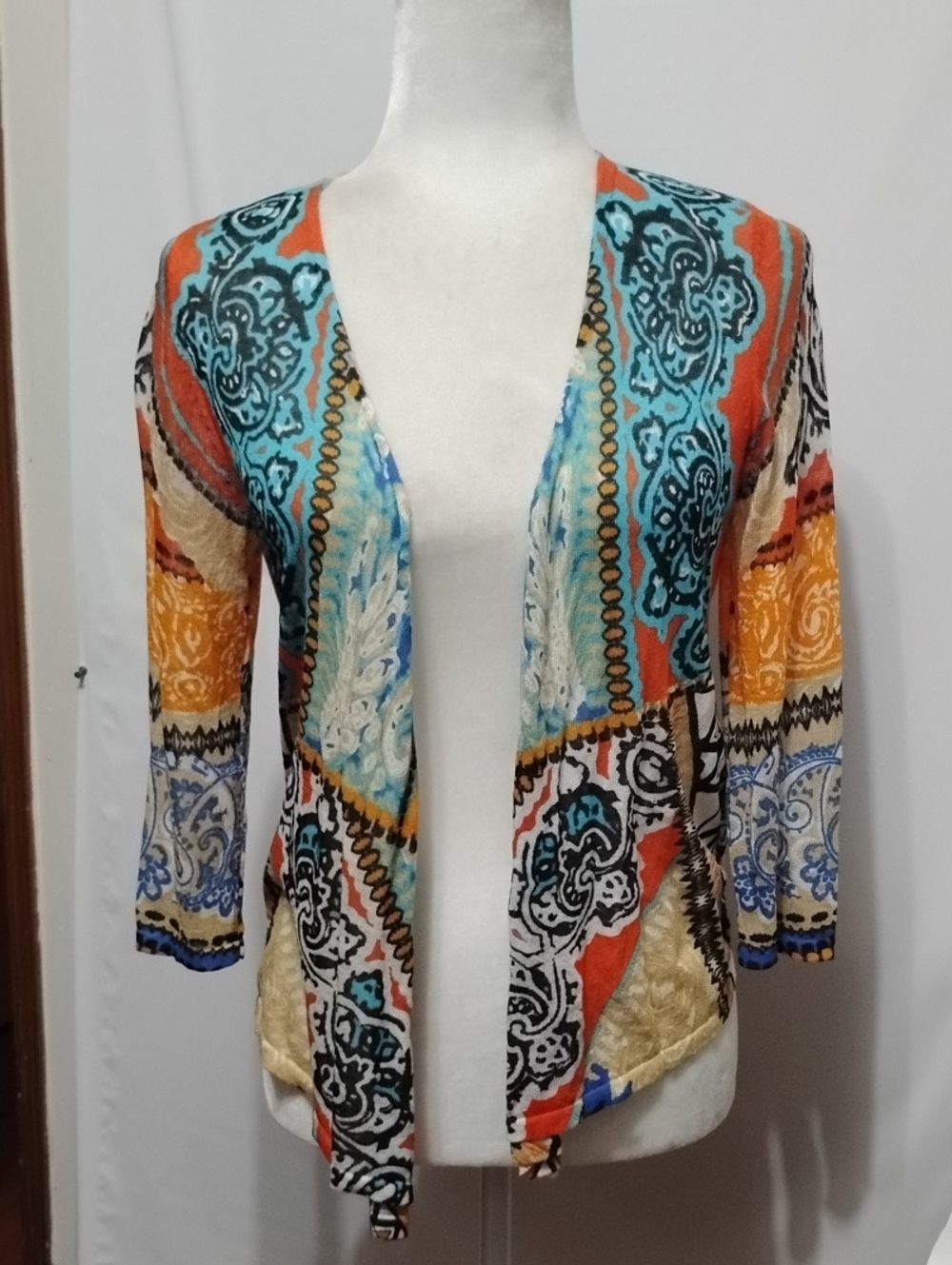 Chico's Open-Front Cardigan Sweater - Teal, Orange, Yellow, Black